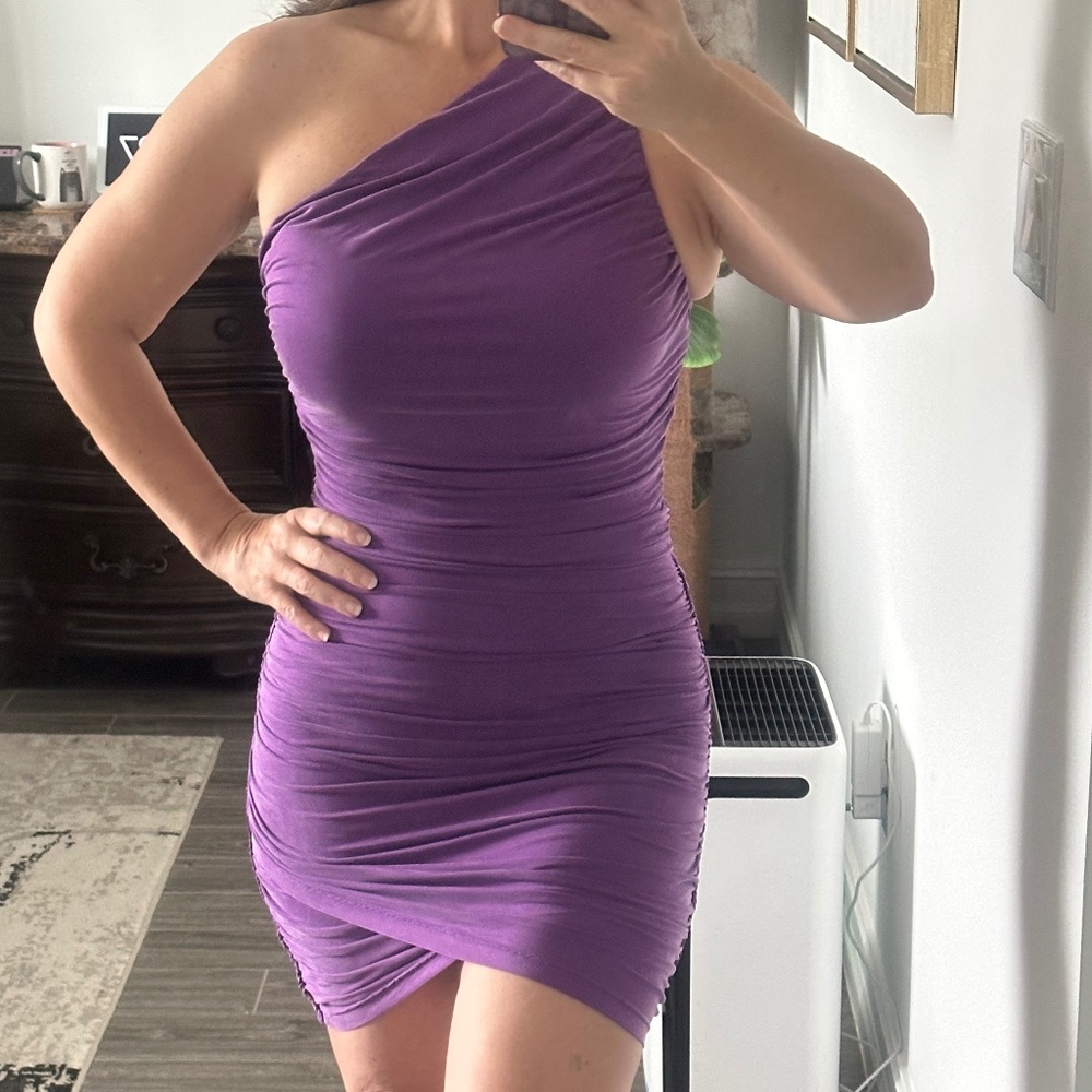 NWT YFB (Young Fabulous & Broke) One Shoulder Ruched Coco Dress Purple Sapphire